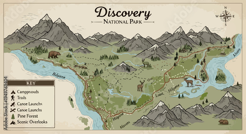 Vintage Style Discovery National Park Map Illustration with Mountains and Rivers