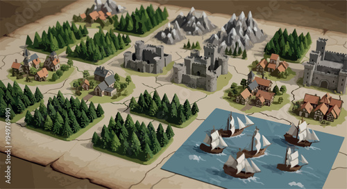Isometric Medieval Fantasy Map with Castles, Villages, Forests, and Ships