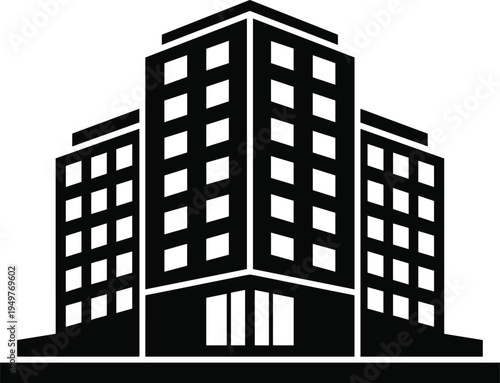 Modern office building silhouette icon, corporate business tower architecture, commercial real estate property concept vector illustration design