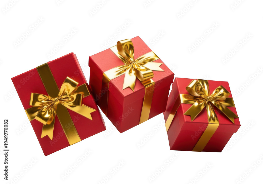 Fototapeta premium Three Red Gift Boxes with Gold Ribbon Bows on Transparent Background