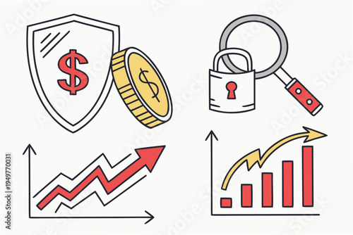 Financial including shield with dollar sign and padlock financial business shield coins