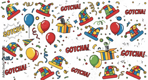 Colorful birthday party pattern with 'gotcha' text hats balloons and confetti on white background