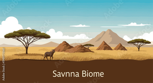 Flat Vector Savanna Biome Landscape Illustration with Acacia Trees and Wild Animal