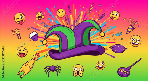 Jester hat surrounded by colorful emojis and party symbols on vibrant gradient background for festive designs