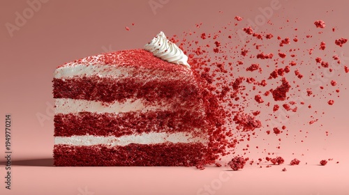 A delicious slice of red velvet cake with cream layers and scattered crumbs against a pink background