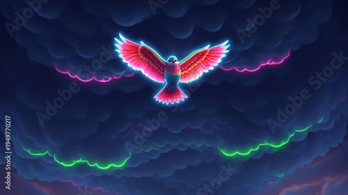 Vibrant bird spreads colorful wings in neon-lit clouds at sunset.