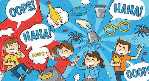 Cartoon kids reacting with surprise and laughter to flying objects and spiders on a blue background