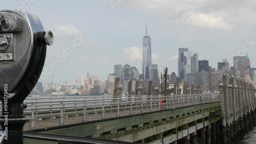 New York City Manhattan Downtown skyline from Liberty Island, United States. Financial District urban cityscape, World Trade Center skyscraper tower. Building architecture wooden pier and tower viewer