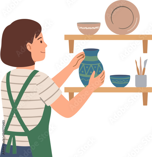 Woman holding pottery vase on shelf with ceramic dishes in studio