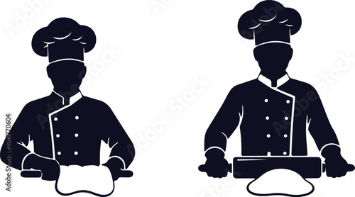 Two chefs demonstrating traditional culinary techniques with rolling pins and dough