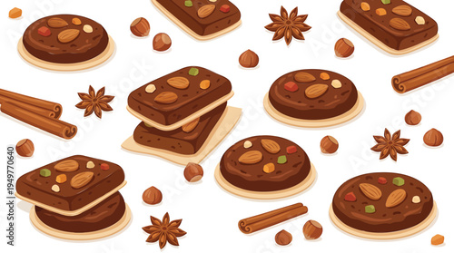 A delicious assortment of chocolate cookies with nuts and spices scattered on a surface