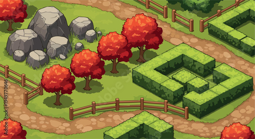 Isometric Cartoon Park Landscape with Trees, Rocks, and Hedge Maze