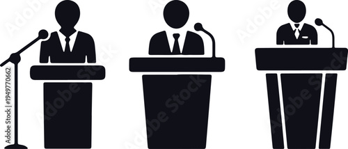Three professionals speaking at podiums with microphones in a conference setting