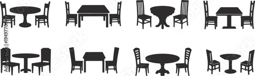 Variations of dining setups with different tables and chairs arrangements