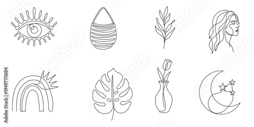 Boho One Line Art Icons Set