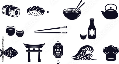 Iconic symbols representing traditional japanese cuisine and culture