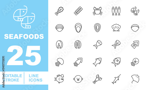 Seafood Market, Fresh Fish Products, and Marine Life Line Icons. Editable stroke icons for restaurants and grocery stores. Featuring crab, shrimp, lobster, octopus, squid, jellyfish, stingray, marlin