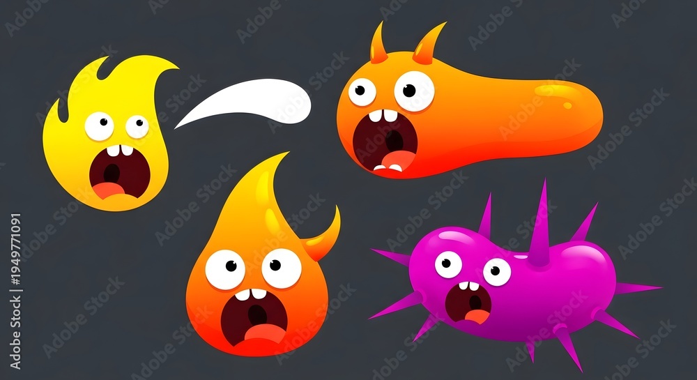 Obraz premium Colorful cartoon virus and flame characters with shocked expressions on dark background