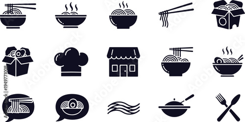 Collection of icons representing various aspects of ramen and dining culture