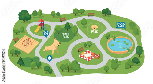 Cartoon Park Map with Playground, Pond, and Picnic Areas Vector Illustration