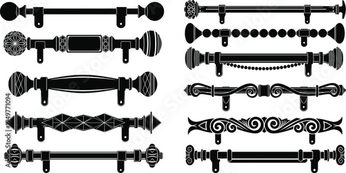 Collection of decorative curtain rod silhouettes and drapery pole sketches featuring various finial designs, isolated black vector elements for interior design and home decor.