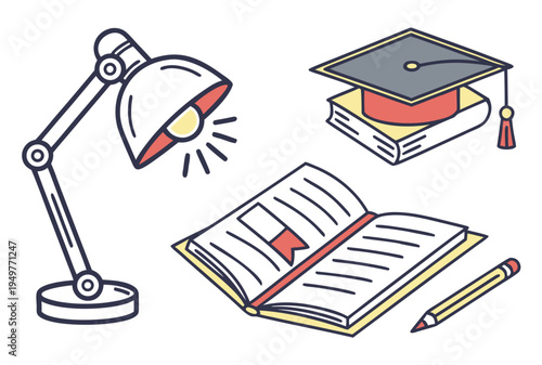 Cartoon of education including a desk lamp books and graduation cap pencil