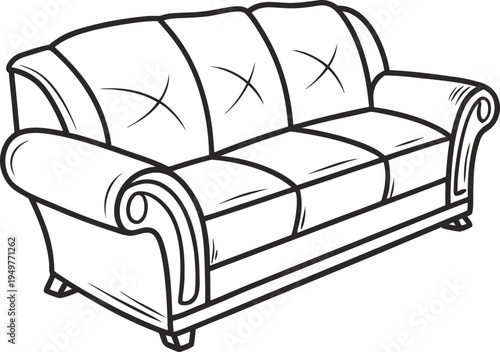 Classic Sofa Couch Line Art Vector Illustration – Black and White Living Room Furniture Outline