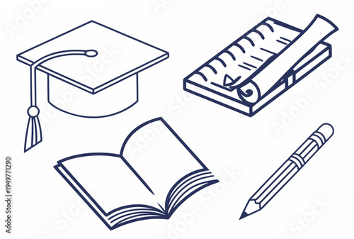 Educational with graduation cap, scroll, book, and pencil