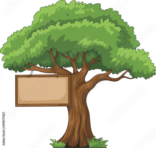 Large green cartoon tree with empty wooden sign hanging from branches on a sturdy trunk isolated on white background vector illustration for copy space