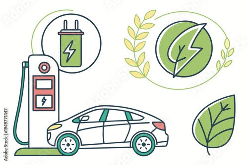 Eco friendly electric car and charging station green environment
