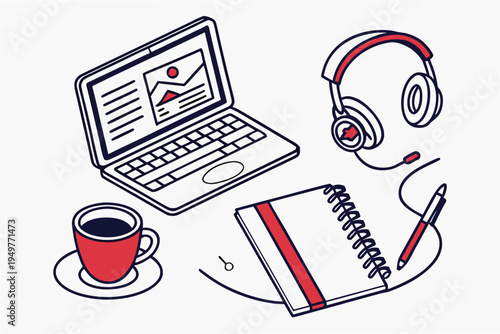 Office and work including laptop headset and coffee cup