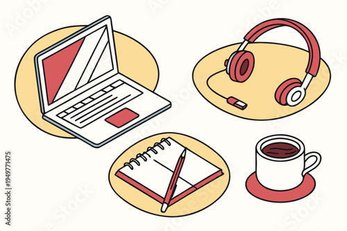 Office and technology including laptop headset and coffee cup