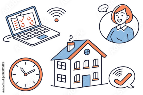 Remote work from home with laptop and clock home office house