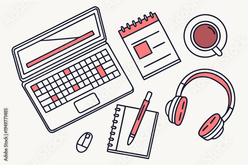 Red and white office desk with laptop and coffee cup headset calendar notebook