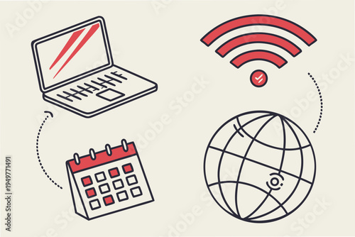 Remote work symbols laptop calendar and globe wifi