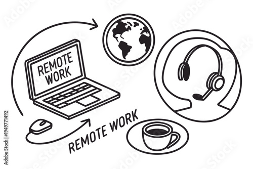 Remote work concept with laptop and headset coffee globe