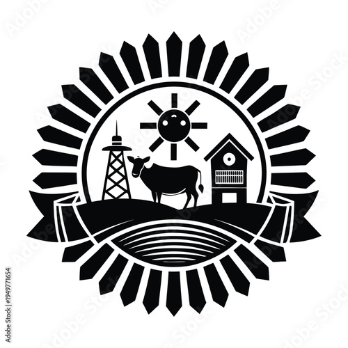 Black and white circular farm emblem with windmill cow barn and oil derrick circular emblem