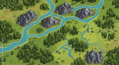 Fantasy RPG Game Map with Green Forests, Blue Rivers, and Gray Mountains