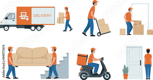 Professional logistics and delivery service set featuring courier characters with truck, scooter, moving furniture, and carrying packages, isolated flat vector illustration for business.