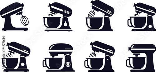 Collection of various stand mixers in action with different attachments and settings