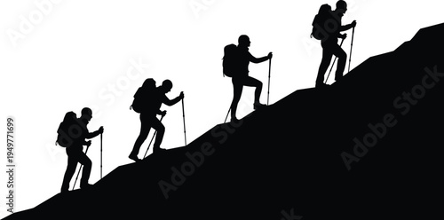 Hikers climbing mountain silhouette, trekking team ascending steep slope with backpacks and poles, outdoor adventure exploration vector illustration