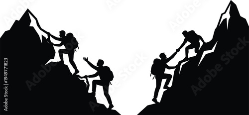 Mountain climbers helping teammates silhouette, teamwork during rock climbing adventure, hikers assisting each other on steep peak vector illustration