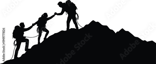 Mountain climbers helping teammate reach summit silhouette, teamwork rock climbing adventure, hikers supporting each other vector illustration design