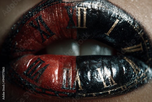 Lips are painted half red and half black with Roman numerals resembling a clock face. The bold creative makeup design suggests the passage of time visually.