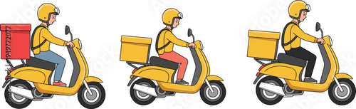 Set of three delivery couriers riding yellow scooters with thermal boxes, express food shipping service concept, isolated flat outline vector illustration for business.