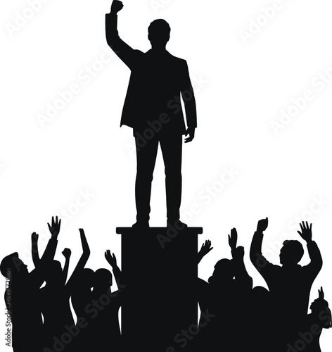 Leader with raised fist silhouette, crowd cheering, protest, victory, leadership concept, success, motivation, rally, people, revolution, vector, isolated, black, power