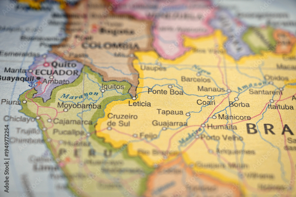 Naklejka premium Leticia Colombia Close Up Macro World Map Bokeh Background Geographic Image