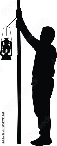 Man lighting lantern silhouette, vintage lamp post, street light worker, maintenance concept, electrician work, night lighting, outdoor service illustration, people