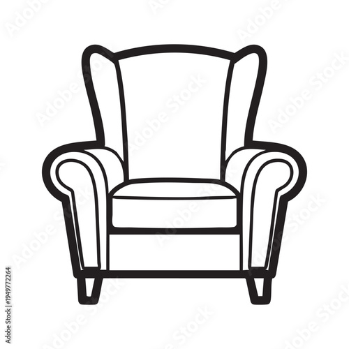 A simple black and white line art drawing of a classic wingback armchair for coloring activities