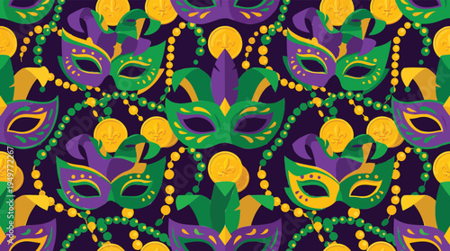Vibrant Mardi Gras masks pattern with beads and feathers on dark background